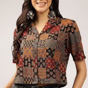 Black & Multi-Coloured Ethnic Print Crop Shirt Top, Cuban Collar, Short Sleeves